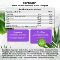 Multivitamin Tablets for Teens | 180 Capsules | Focus Complex for Energy, Hormone and Cognitive Support | Vegan Supplement for Teenage Boys & Girls | by Horbaach