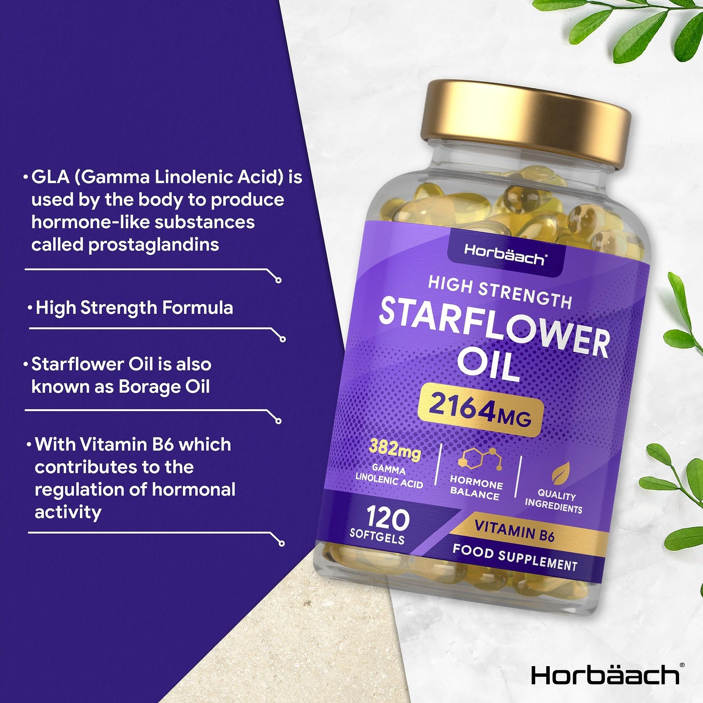 Starflower Oil Capsules 2164mg | Borage Oil Capsules | GLA and Vitamin B6 | 120 Softgels | by Horbaach