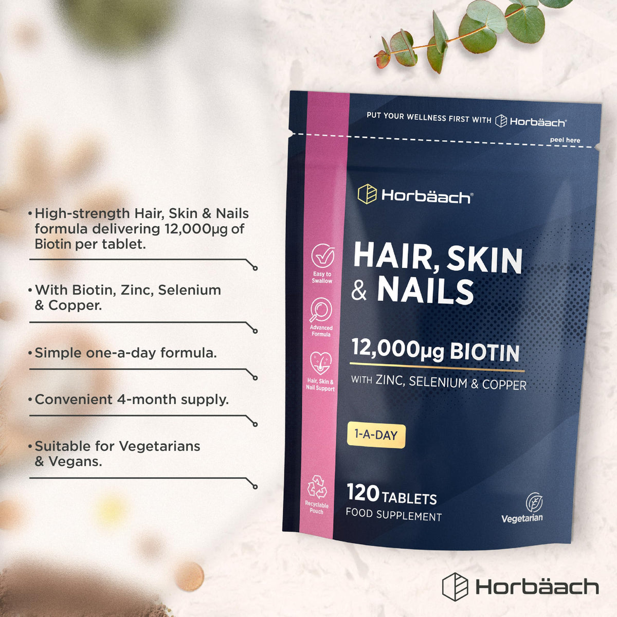 Horbäach Hair Skin and Nails Vitamins | Biotin Hair Growth | 12,000mcg Biotin with Zinc, Selenium, Copper & More! | Beauty Supplement for Women and Men | 120 Vegetarian Tablets | by Horbaach