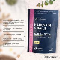 Horbäach Hair Skin and Nails Vitamins | Biotin Hair Growth | 12,000mcg Biotin with Zinc, Selenium, Copper & More! | Beauty Supplement for Women and Men | 120 Vegetarian Tablets | by Horbaach