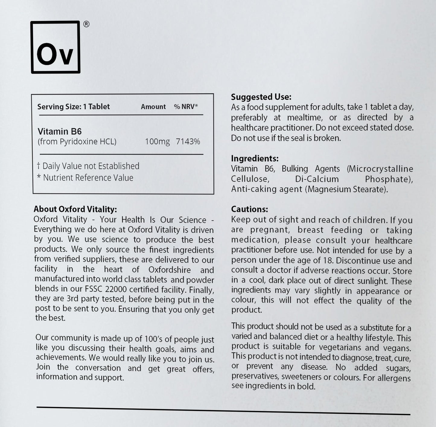 Ov OXFORD VITALITY Vitamin B6 Tablets | 100mg Supplement for Energy, Nervous System & Immune System Health | Oxford Vitality