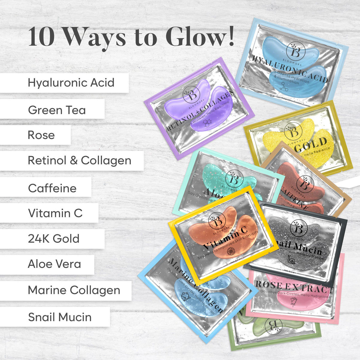BLOOMORA Variety Box Under Eye Gel Patches (30 PAIRS), Under Eye Patches for Puffy Eyes & Dark Circles, Hyaluronic Acid - Collagen Gel Pads for Reducing Appearance of Puffiness & Increased Hydration