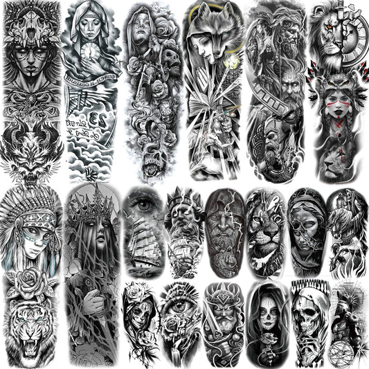 LAROI 20 Sheets Gothic Nun Girl Prayer Full Arm Temporary Tattoos For Men Women Thigh, Zeus God Indian Chicano Gangster Wolf FLower Fake Tattoo Sleeve For Adults, Halloween Black Tattoo Stickers Skull
