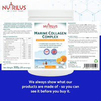 Nutrilus Hydrolysed Marine Collagen Powder 300g with Hyaluronic Acid and Vitamins - 29 Servings - with Biotin, Folic Acid, B12 & more - High Protein - for Skin, Hair, Nails, Joints (Orange)