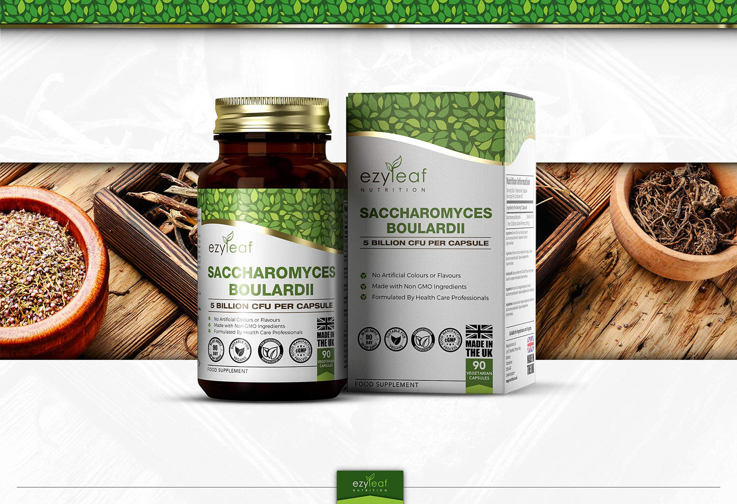 Ezyleaf Saccharomyces Boulardii [5 Billion CFU] | 90 Vegan Capsules | Probiotic Supplement | S Boulardii Probiotic with Clean Fillers | ISO Certified, Non-GMO, Gluten & Allergen Free | Made in UK