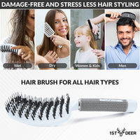 1st Deer Detangling Nylon Bristle Brush, 2 pcs Styling Hair Brush, Curved Vented Hairbrush for Faster Drying, Detangler for Dry Wet Long Thick Curly Straight Hair (White, Black)