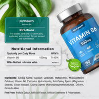 Horbäach Vitamin B6 100mg | 180 High Strength Tablets | Regulation of Hormonal Activity & Fatigue Support | Suitable for Vegans & Vegetarians | by Horbaach
