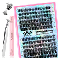 PURELEOR Cluster Lashes Kit DIY Individual Lash Clusters at Home False Eyelashes Fluffy Set Including Bond and Seal Tweezers Eyelash Extensions Mixed 12-16mm