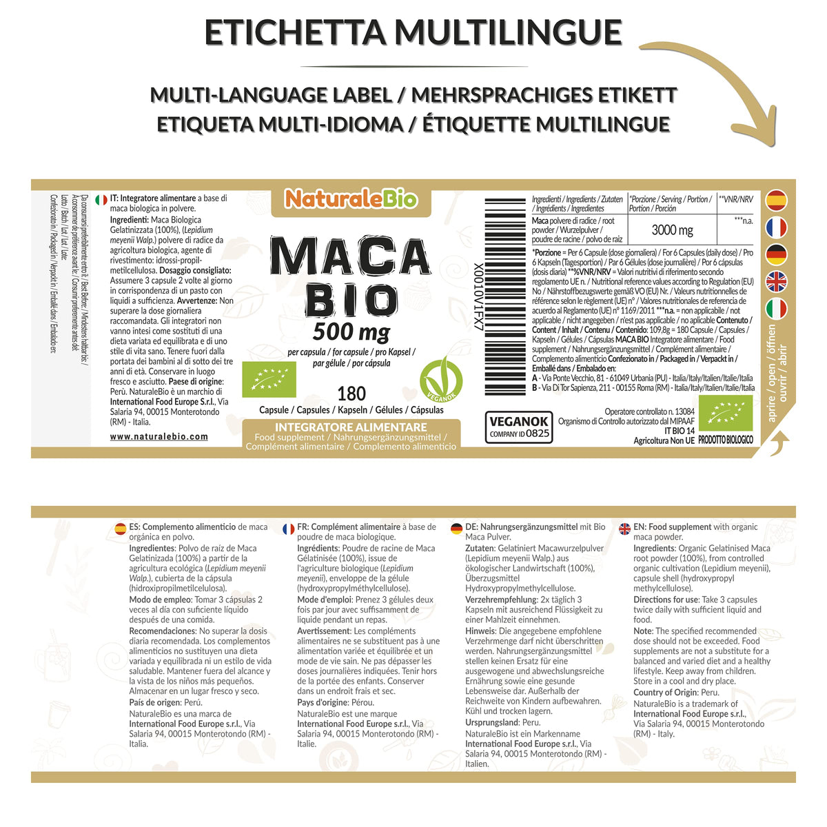 Organic Maca Capsules, 500mg - 180 Capsules. Gelatinised, Natural and Pure, from Organic Peruvian Maca Root. Vegetarian and Vegan Friendly. NaturaleBio