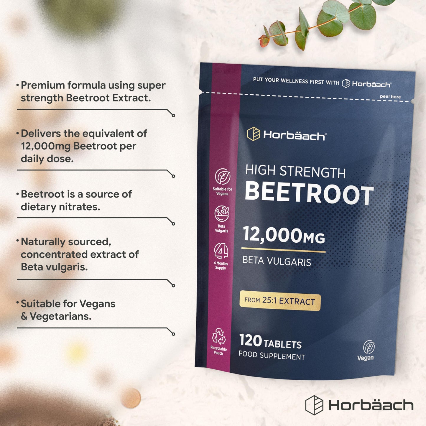 Horbäach Beetroot Tablets 12,000mg | 120 Tablets | High Strength 25:1 Beetroot Extract | Suitable for Vegans and Vegetarians | by Horbaach