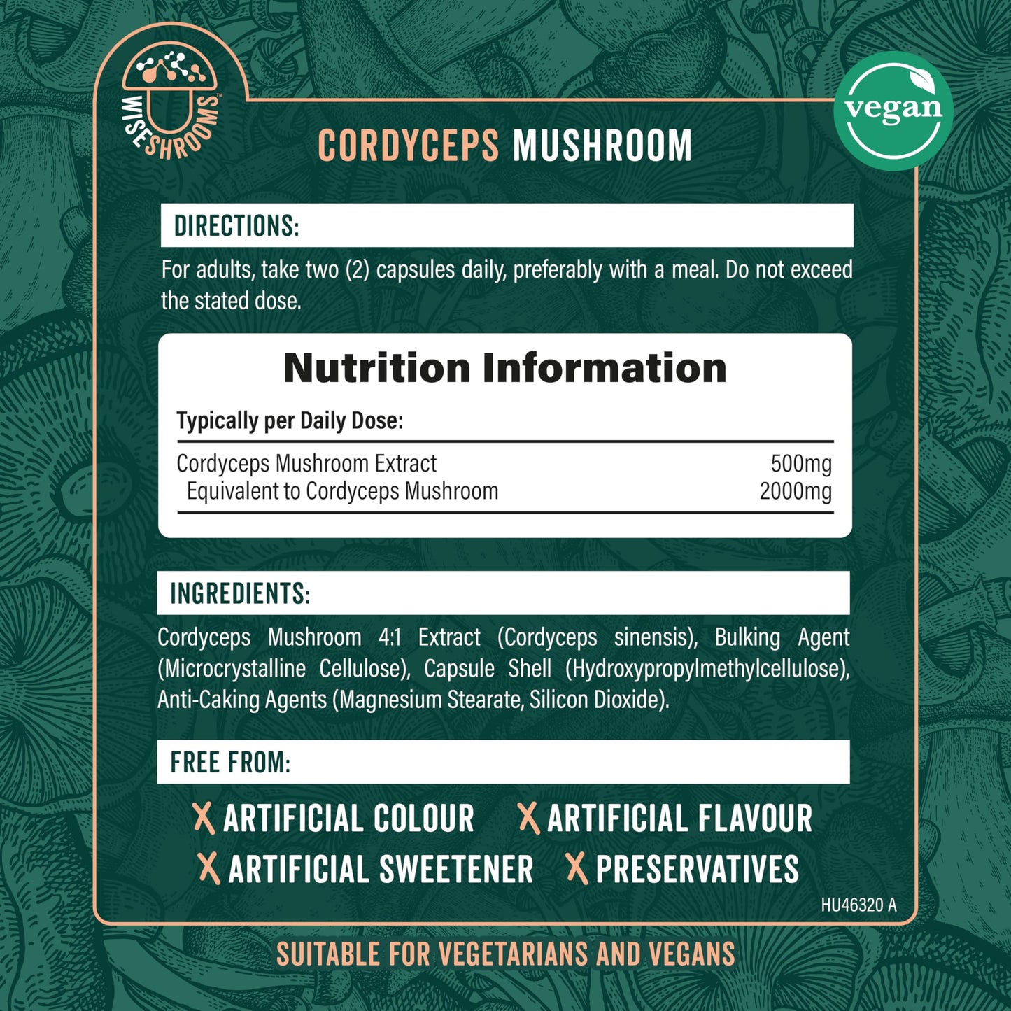 Cordyceps Capsules 2000mg | Cordyceps Mushroom Extract Supplement | 90 Capsules | Suitable for Vegetarians and Vegans | by Wiseshrooms