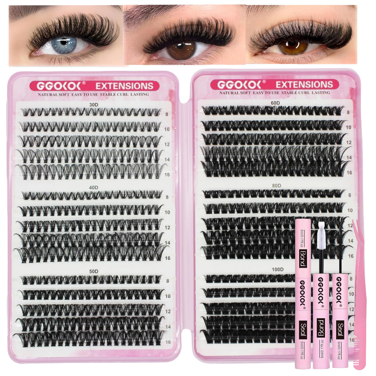 GGOKOK DIY Lash Clusters Kit 30D+40D+50D+60D+80D+100D Fluffy Volume 8-16MM Thick Eyelash Extension Kit Individual Lash Bond and Seal Lash Tweezers(30D-100D,Kit)