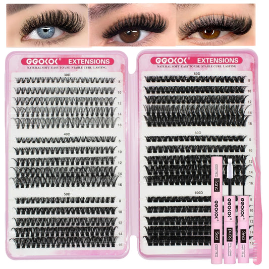 GGOKOK DIY Lash Clusters Kit 30D+40D+50D+60D+80D+100D Fluffy Volume 8-16MM Thick Eyelash Extension Kit Individual Lash Bond and Seal Lash Tweezers(30D-100D,Kit)