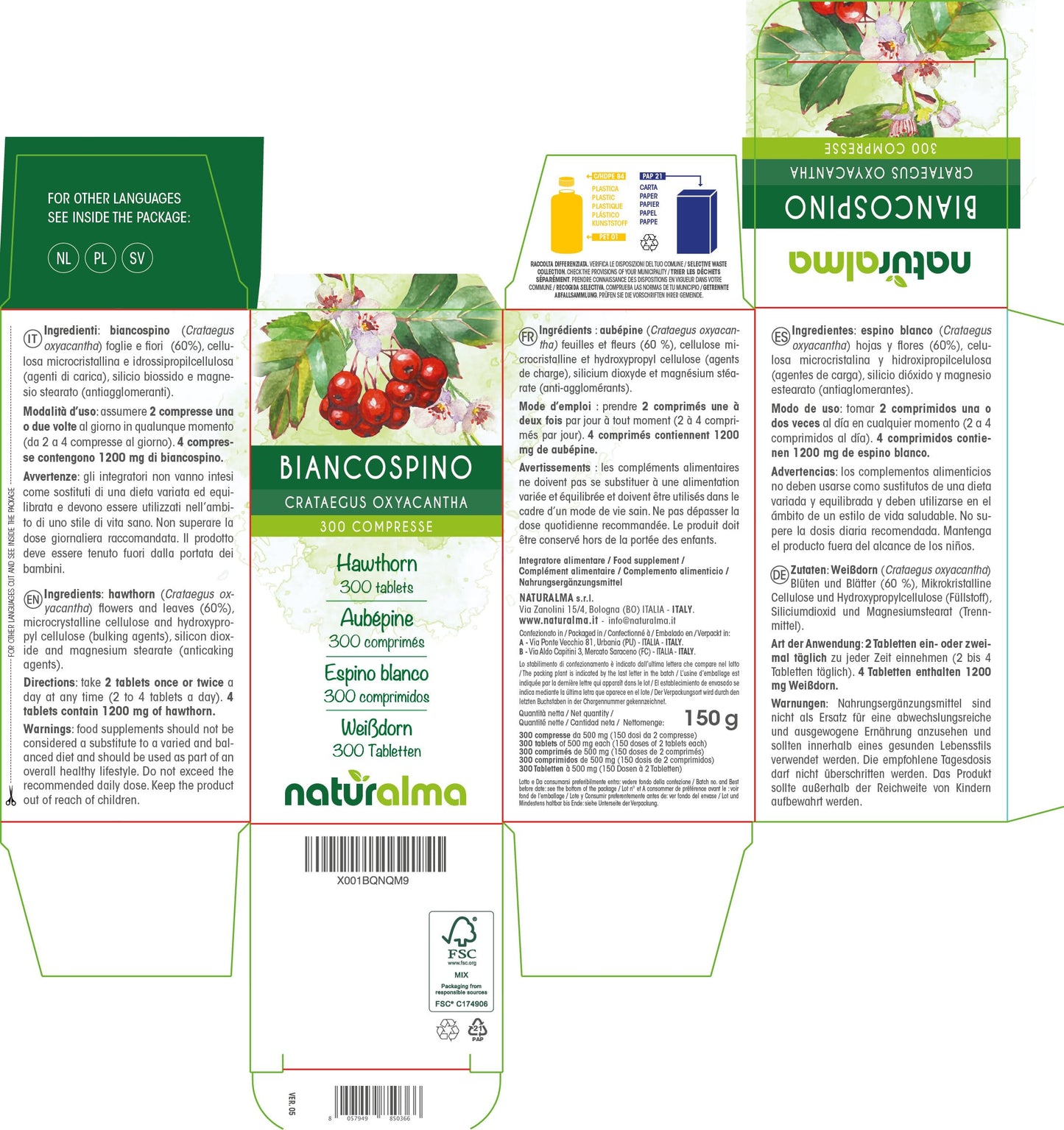 Hawthorn (Crataegus oxyacantha) Flowers and Leaves NATURALMA | 150 g | 300 Tablets of 500 mg | Food Supplement | Natural and Vegan