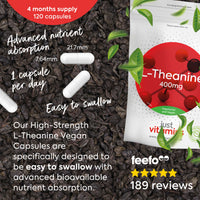 L Theanine High Strength 400mg | 120 Vegan Capsules | Supports Relaxation, Focus & Stress Relief | Fast Absorption | UK Made - Just Vitamins