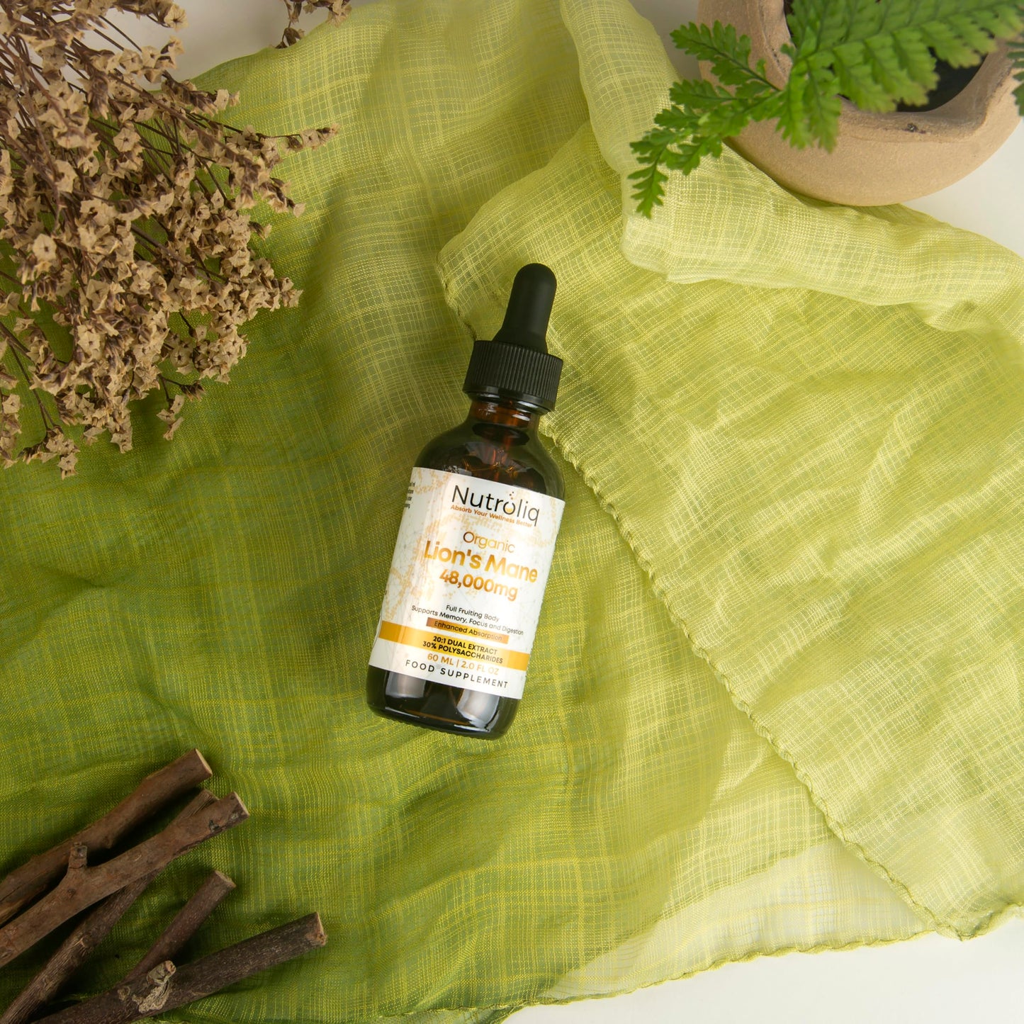 Nutroliq Lions Mane Tincture - Lions Mane Supplement with Organic Hericium Erinaceus Fruiting Body Extract - Contains 30% Polysaccharides - Vegan Formula - 800mg Per 1ml Serving - 60ml, 60-Day Supply