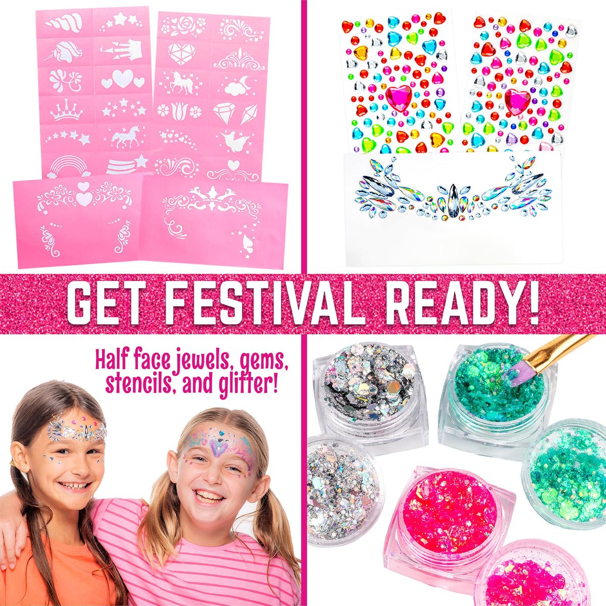 GirlZone Unicorn and Jewels Face Painting Kit, Amazing Face Paints for Children, Gems, Face Paint Brushes, and Face Paint Stencils in 1 Kids Face Paint Set to Create Childrens Face Paints