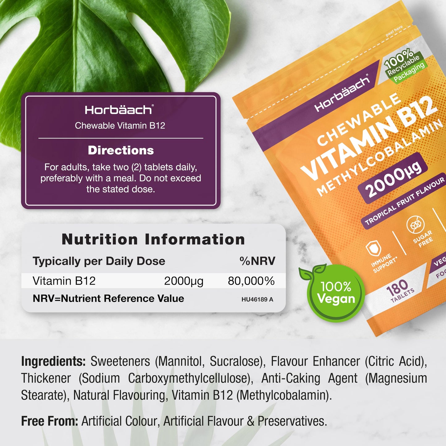 Horbäach Vitamin B12 Tablets High Strength 2000ug | 180 Chewable Tablets | Tropical Fruit Flavour | Sugar Free Vegan Methylcobalamin Supplement | by Horbaach