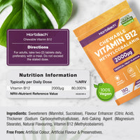 Horbäach Vitamin B12 Tablets High Strength 2000ug | 180 Chewable Tablets | Tropical Fruit Flavour | Sugar Free Vegan Methylcobalamin Supplement | by Horbaach