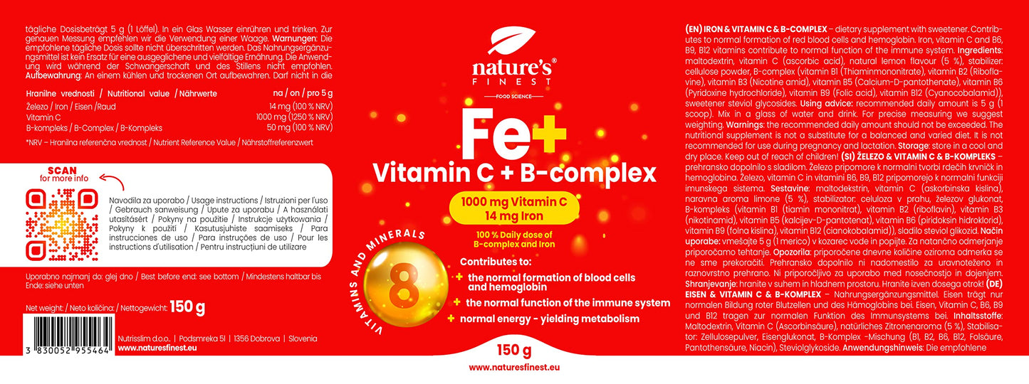 Nature's Finest by Nutrisslim Nature's Finest Fe+ | 14mg of Iron per Serving | 1000mg of Vitamin C per Serving | 100% Daily dose of B-Complex and Iron | No Sugar | Delicious Taste