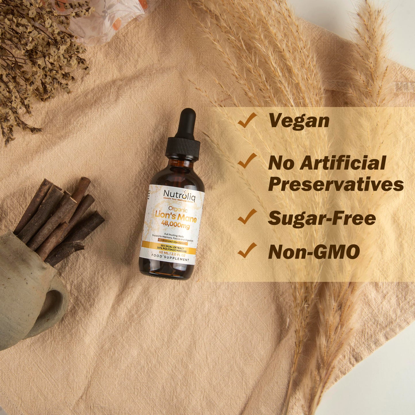 Nutroliq Lions Mane Tincture - Lions Mane Supplement with Organic Hericium Erinaceus Fruiting Body Extract - Contains 30% Polysaccharides - Vegan Formula - 800mg Per 1ml Serving - 60ml, 60-Day Supply