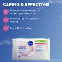 NIVEA Caring 3-in-1 Cleansing Face Wipes for Dry Skin (25 Sheets), Nourishing Face Cleanser and Makeup Wipes for Gentle Yet Effective Makeup Removal,packaging may vary