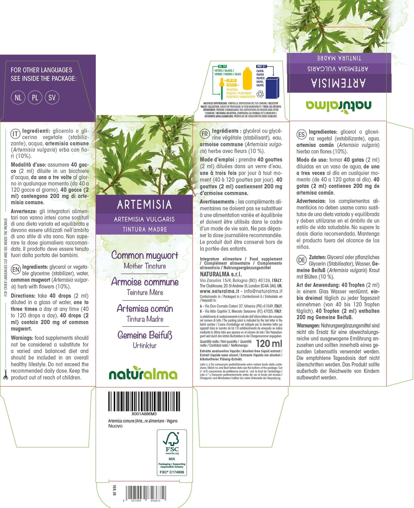 Common Mugwort (Artemisia vulgaris) herb with Flowers Alcohol-Free Mother Tincture Naturalma - Liquid Extract Drops 120 ml - Food Supplement - Vegan