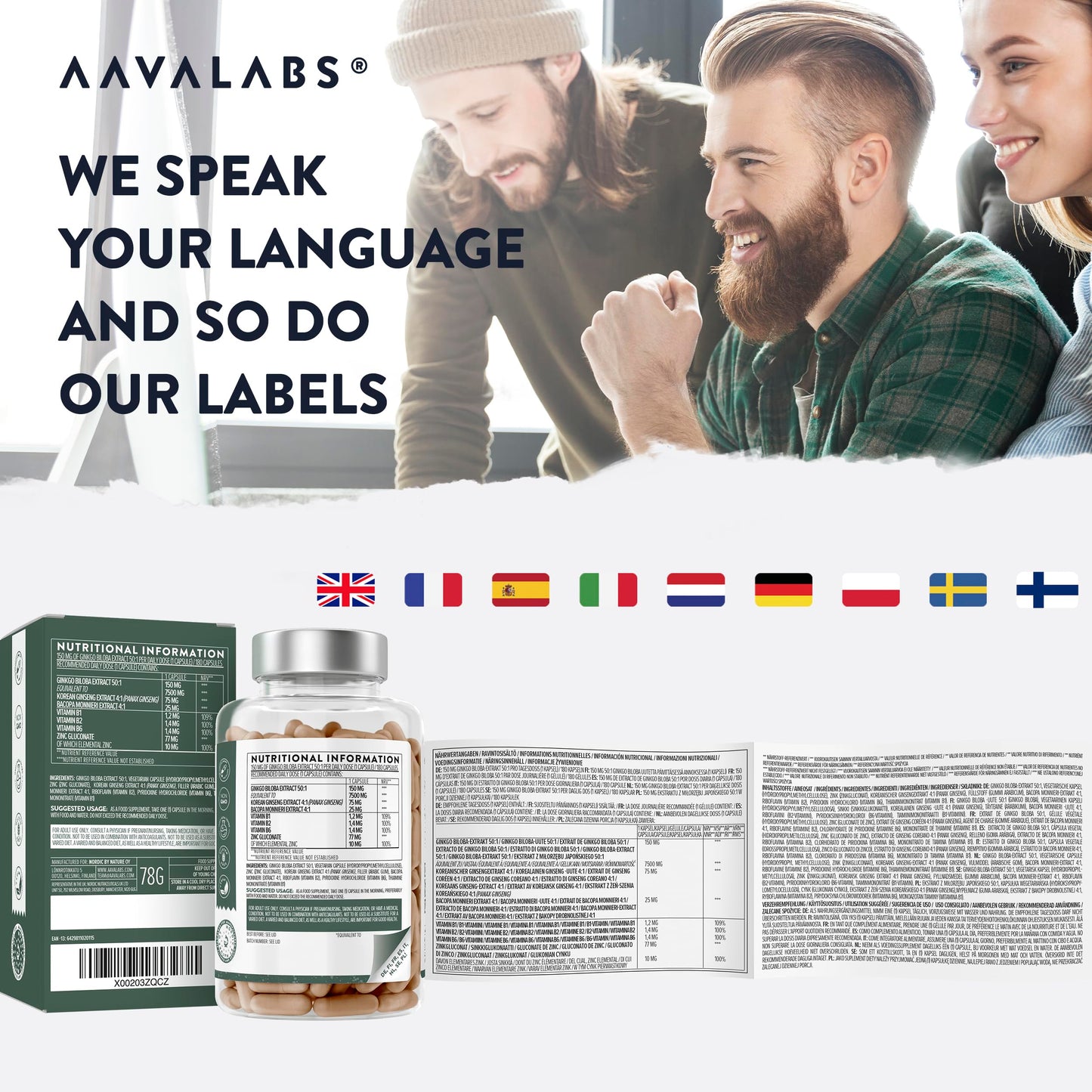 AAVALABS Ginkgo Biloba High Strength - 7500mg - 50:1 Extract - with Bacopa Monnieri, Ginseng, Vitamin B6, B1, B2, & Zinc -180 Nootropic Ginkgo Biloba Capsules - Packed with Flavonoids