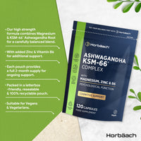 Horbäach Ashwagandha KSM-66 Complex with Magnesium, Zinc & Vitamin B6 | High Strength Ashwagandha Root Supplement | 120 Vegan Capsules | Horbaach