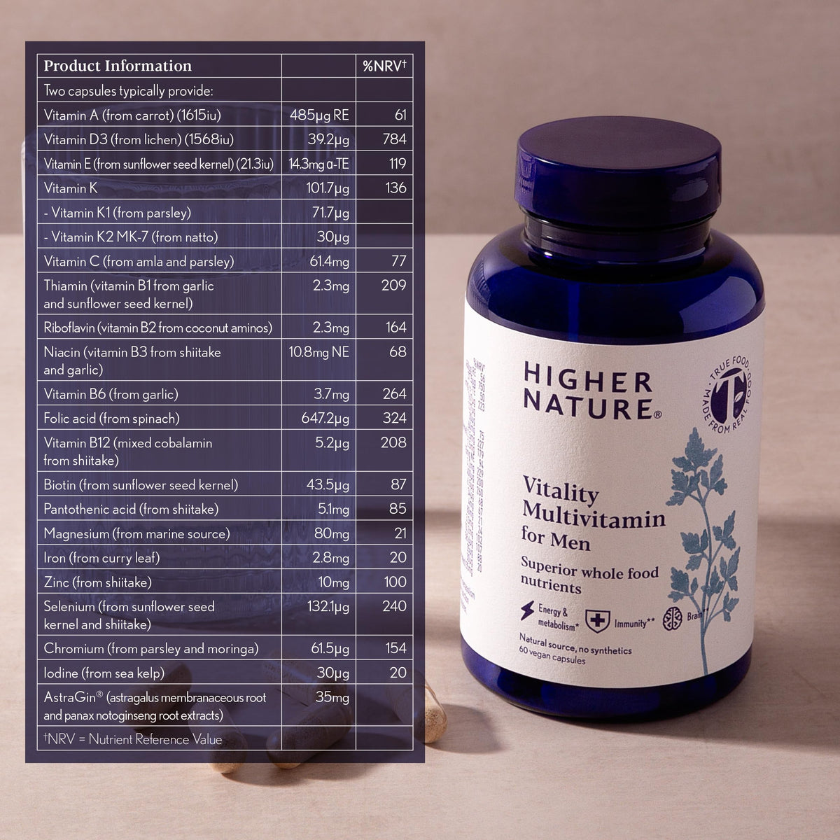 HIGHER NATURE Higher Nature Vitality Multivitamin for Men - True Food® Formula Nutrients from 16 Real Foods - Vegan Multivitamin - One Month Supply of Mens Vitamins - 60 Multi Vitamins Capsules