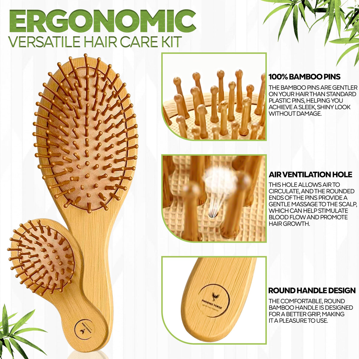 Phoenix Forge Bamboo Hairbrush and Comb Set-Pain-Free Detangling Hair Brush for Curly & Thick Hair — Anti-Breakage & Scalp Massage, Bamboo Eco-Friendly Design