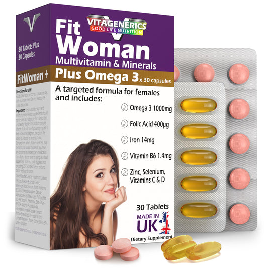 VitaGenerics VITAGENERICS FitWoman Multivitamin & Minerals Plus Omega 3, 30 Tablets Plus 30 Capsules, with Zinc, Iron & B Vitamins, Made in UK