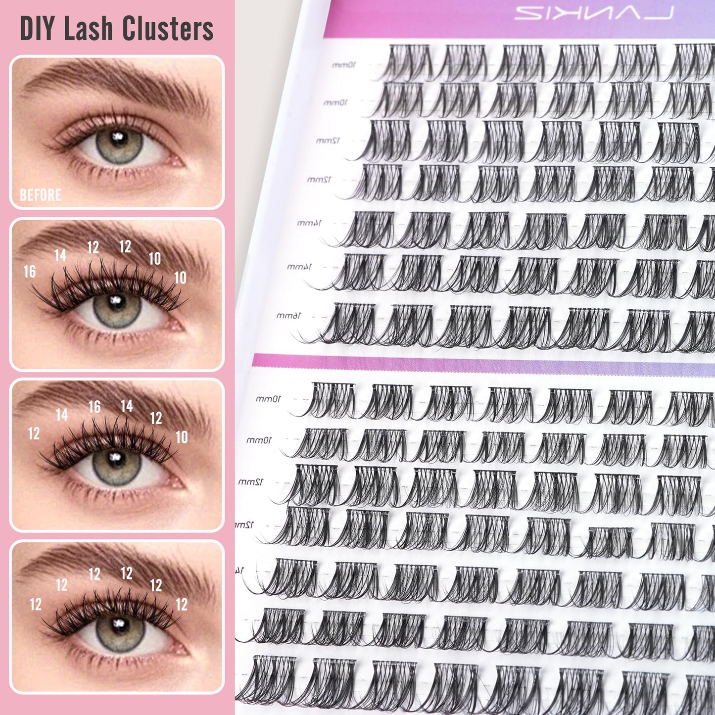 LANKIZ Cluster Lashes,Lankiz Individual Eyelashes C+D Curl 10-16mm Reusable DIY Individual Lashes Hypoallergenic Eyelash Clusters for Daily Wear and Events(Hybird)