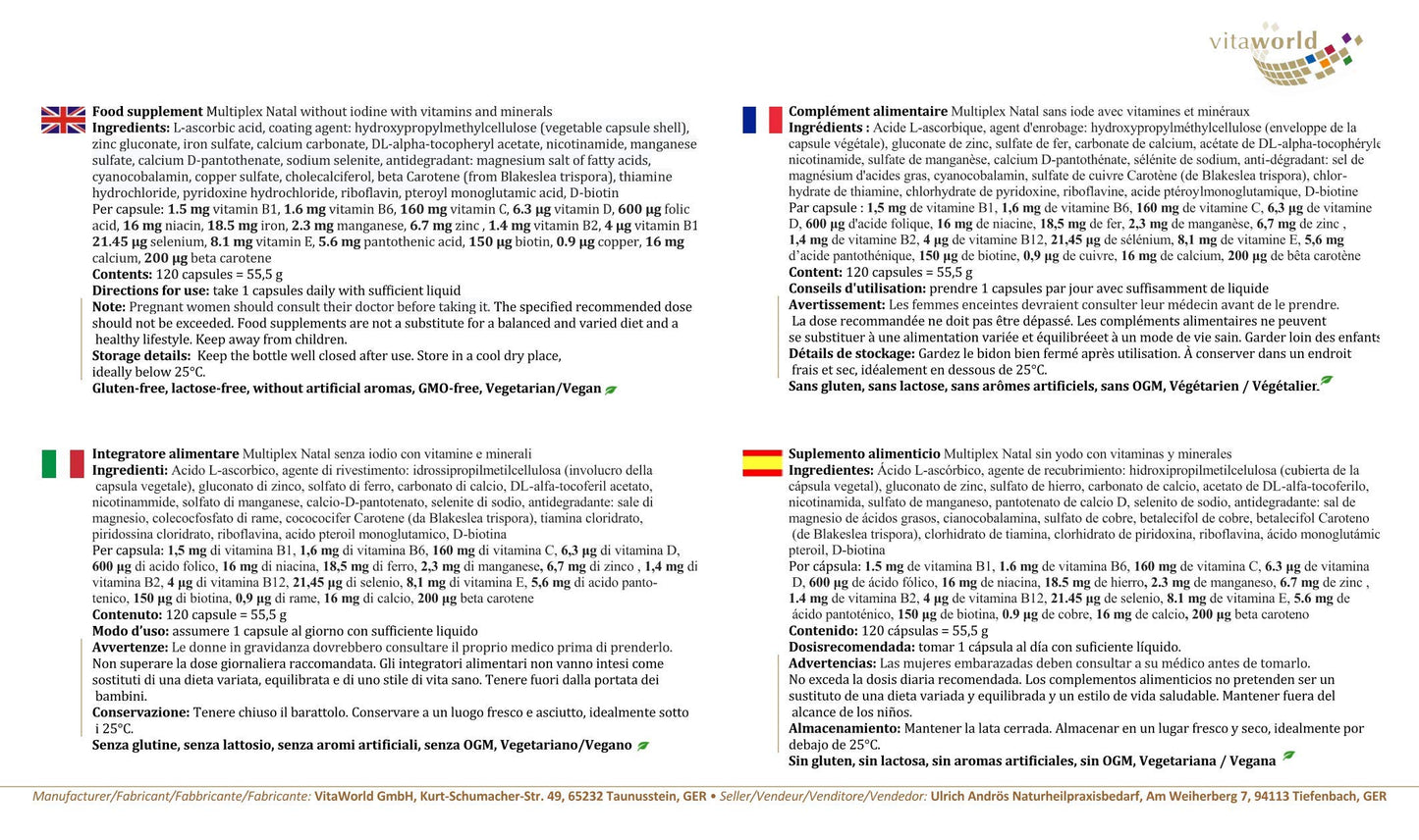 Vita World Prenatal Multivitamin Without Iodine 120 Capsules Made in Germany