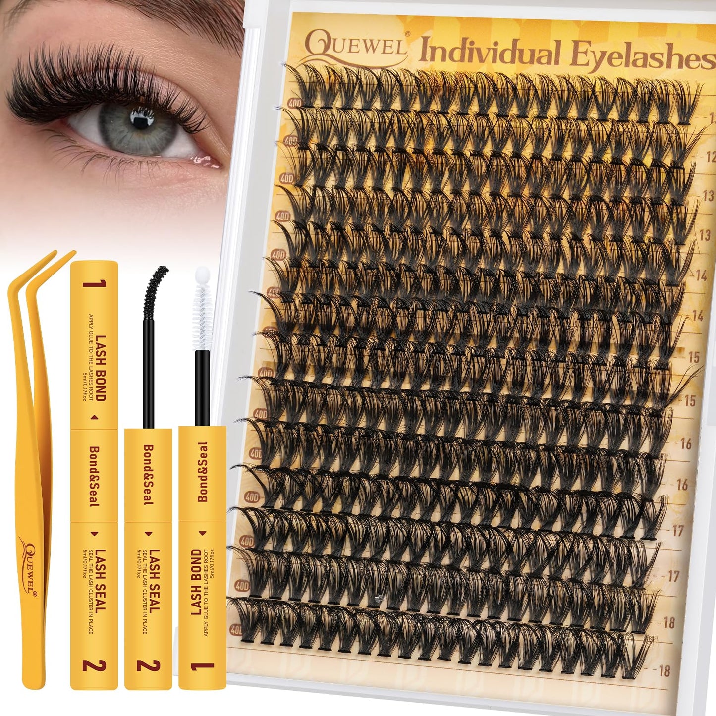 QUEWEL Individual-Eyelashes Kit 280Pcs Cluster Lashes Kit, DIY Lash Extension D Curl Lashes Individual Cluster with Lash Bond and Seal and Lash Tweezers (DJ-40D KIT)