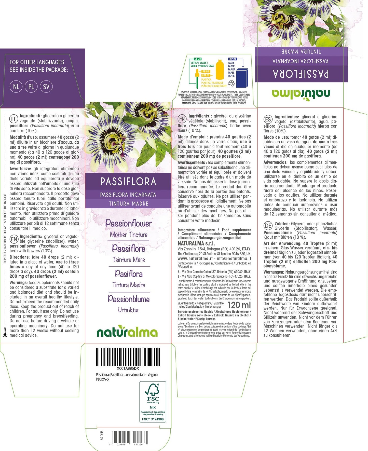 Passionflower (Passiflora incarnata) herb with Flowers Alcohol-Free Mother Tincture Naturalma - Liquid Extract Drops 120 ml - Food Supplement - Vegan