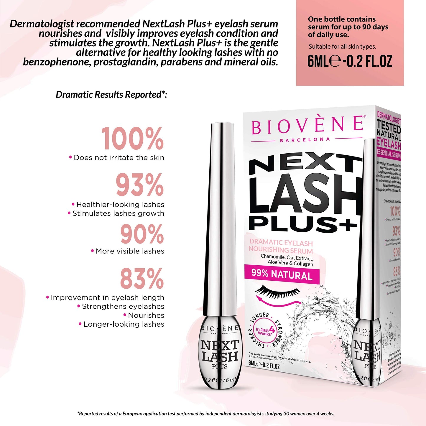 Biovène Next Lash Plus+ Serum for Dramatic Eyelashes - Growth Serum for Lashes - For More Beautiful Eyelashes - Consists of Essential Vitamins - For Voluminous, Natural Eyelashes (6 ml), (Pack of 1)