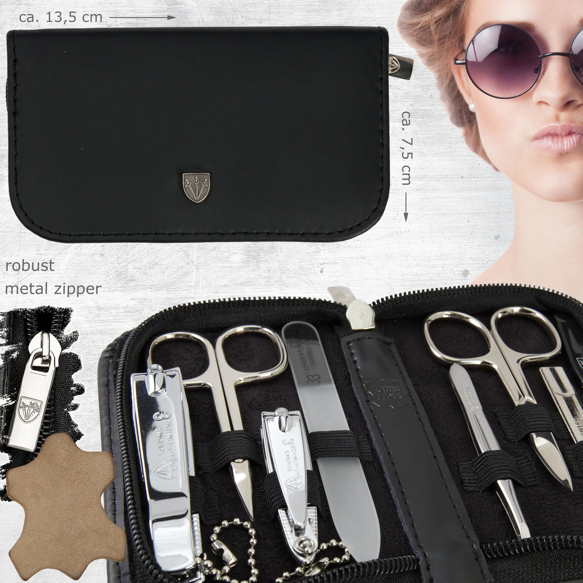 3 Swords Germany - brand quality 8 piece manicure pedicure grooming kit set for daily nailcare genuine leather case black in gift box - Made by 3 Swords