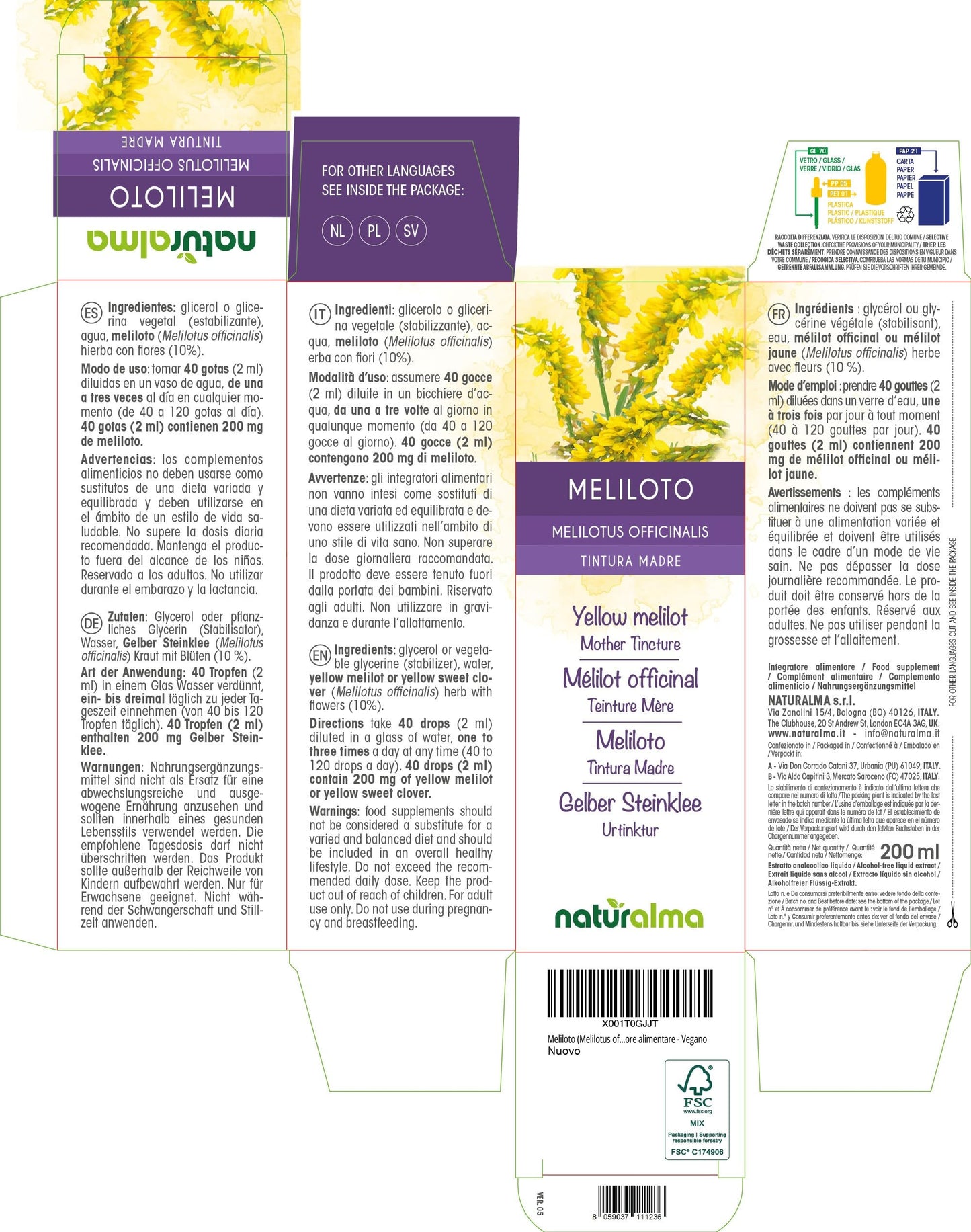 Yellow Melilot or Yellow Sweet Clover (Melilotus officinalis) herb with Flowers Alcohol-Free Mother Tincture Naturalma - Liquid Extract Drops 200 ml - Food Supplement - Vegan