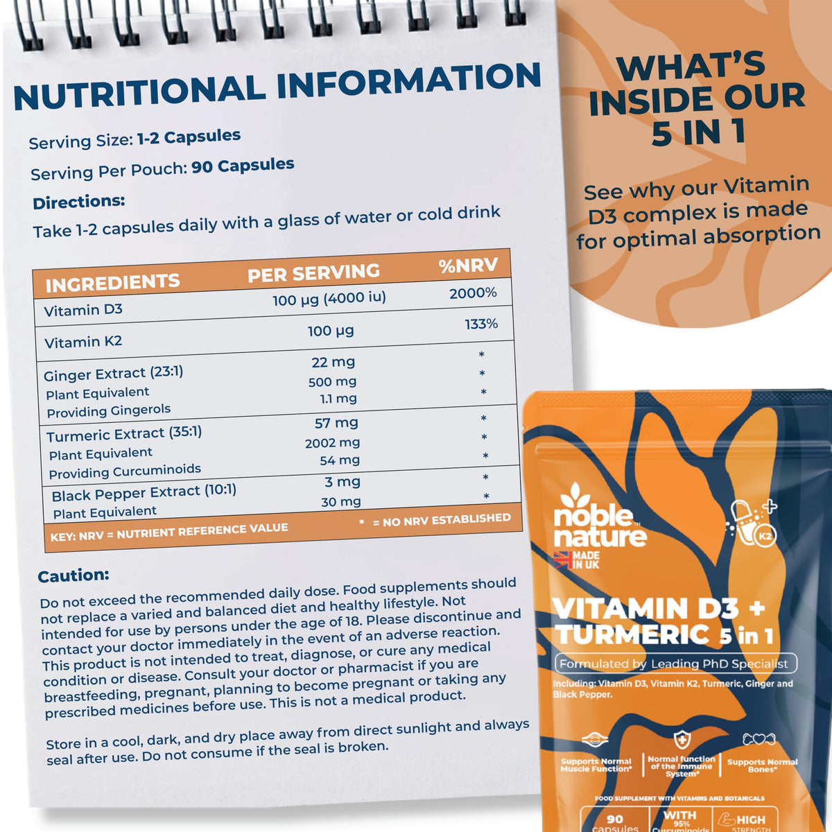 NobleNature Vitamin D3 4000IU + K2 MK7 100µg with 2000mg Turmeric, Ginger & Black Pepper – High Strength 5-in-1 Formula – 90 Capsules (45 Day Supply) – UK Made Supplement with 95% Curcuminoids (90)