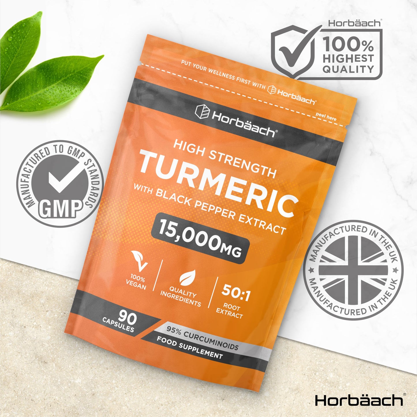 Horbäach Turmeric and Black Pepper Capsules 15,000mg | High Strength 95% Curcuminoids | 90 Vegan Capsules | Turmeric Root Extract Supplement | by Horbaach