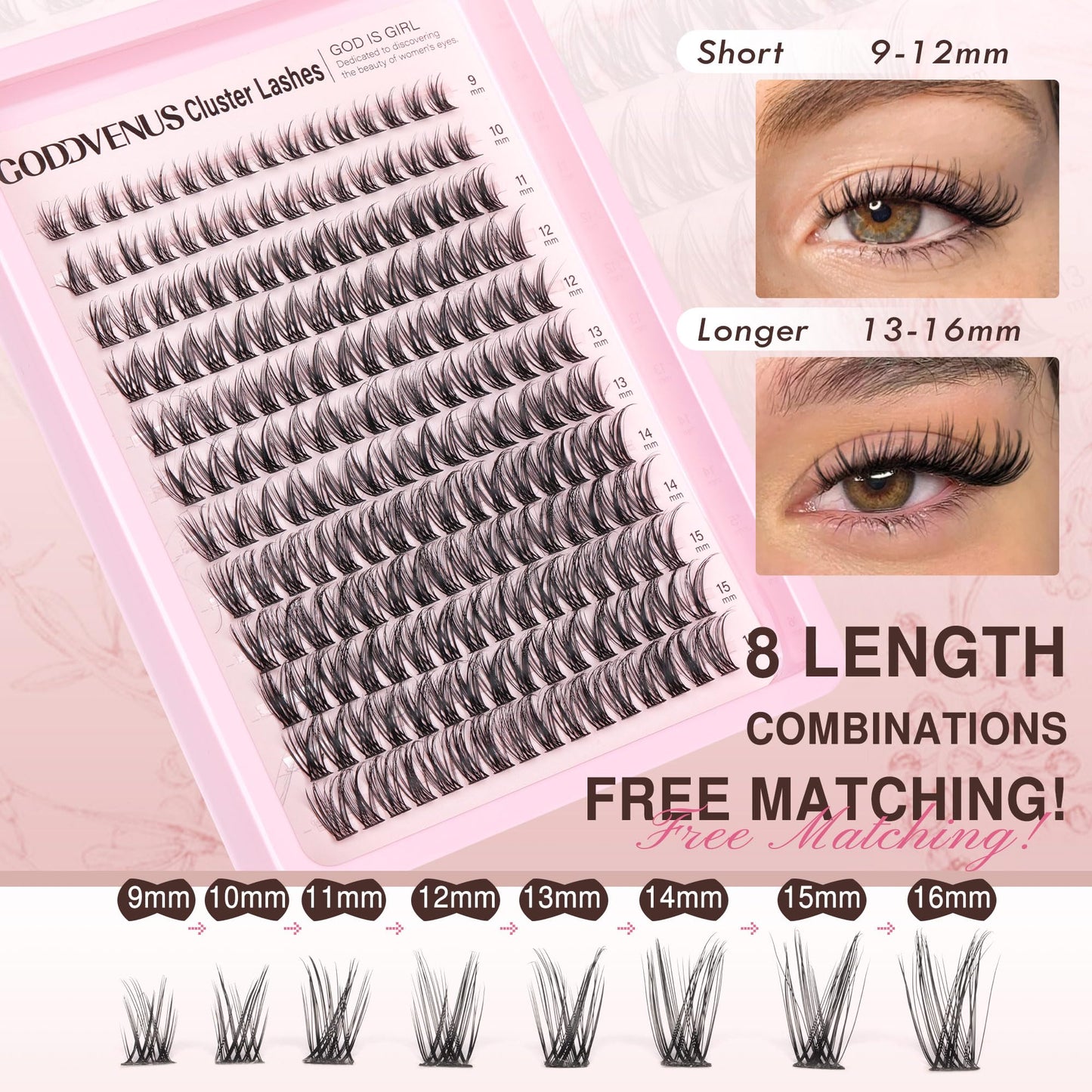Goddvenus Individual Eyelashes Wispy Lash Clusters Kit D Curl Eyelashes Individual Kit Natural Lash Extension Kit with Russian Cluster Lashes Glue Bond and Seal and Lash Tweezers (D Curl 192pcs)