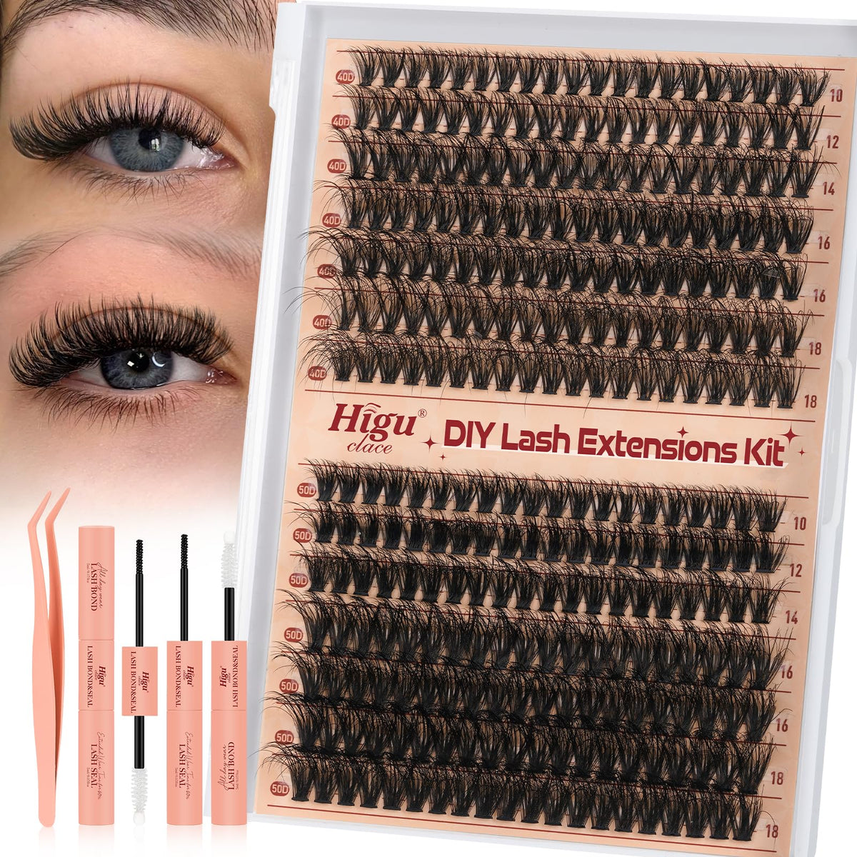 Cluster-Lashes Kit 40D+50D, Higu clace Eyelashes Individual Kit Mix 10-18mm Lashes Cluster Kit with Lash Bond and Seal and Lash Applicator, DIY Lash Extension Kit at Home (40D+50D 10-18mm)