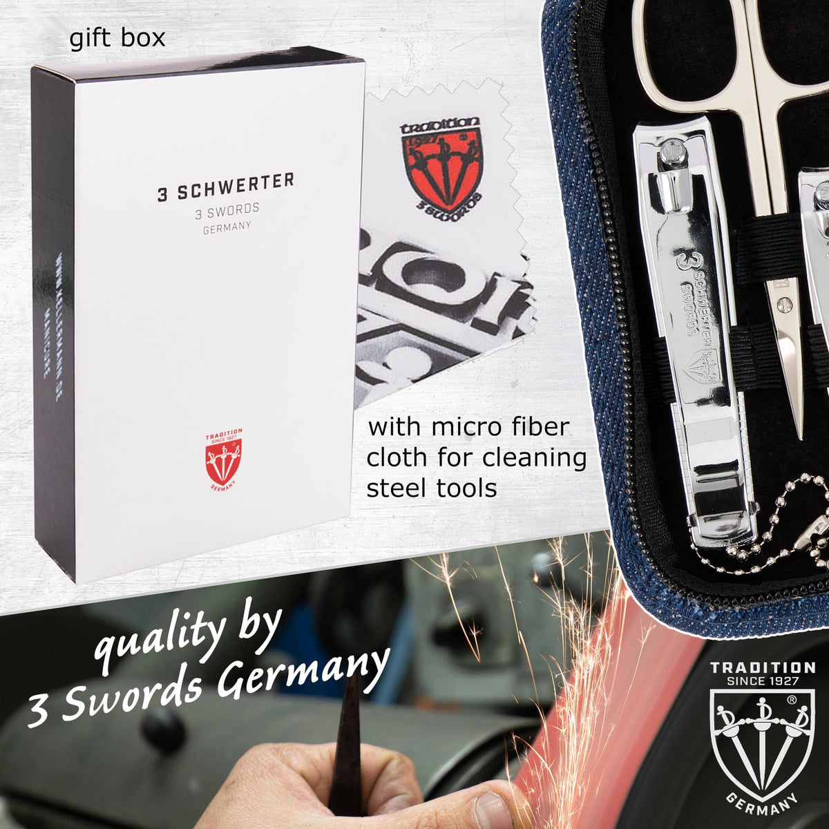 3 Swords Germany - brand quality 8 piece manicure pedicure grooming kit with glass nail file (490)