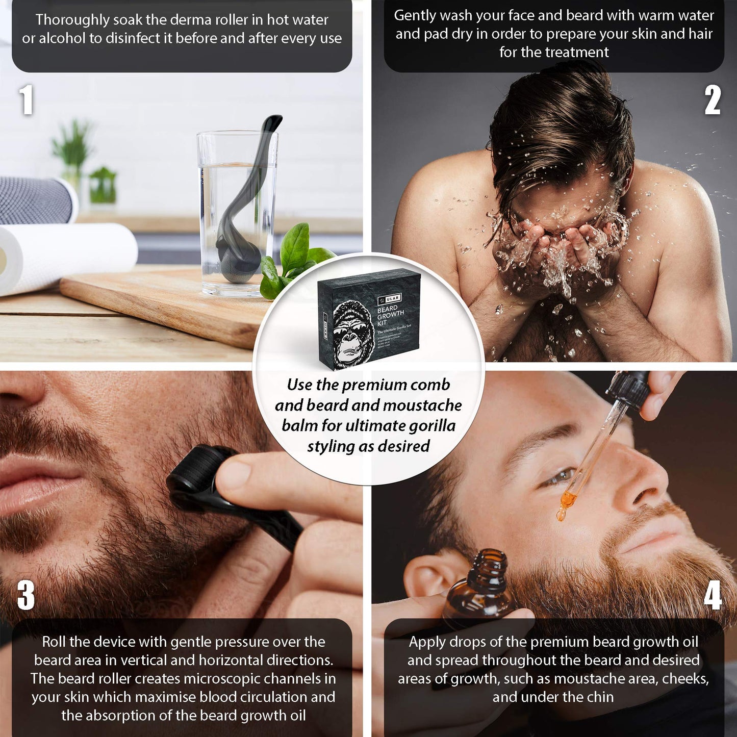uLab Ultimate Gorilla Beard Growth Kit with Derma Roller, Beard Oil, Beard Balm and Foldable Styling Comb - Gift Set for Men For Beard Growth, Styling and Care - Contains Microneedle Titanium Roller