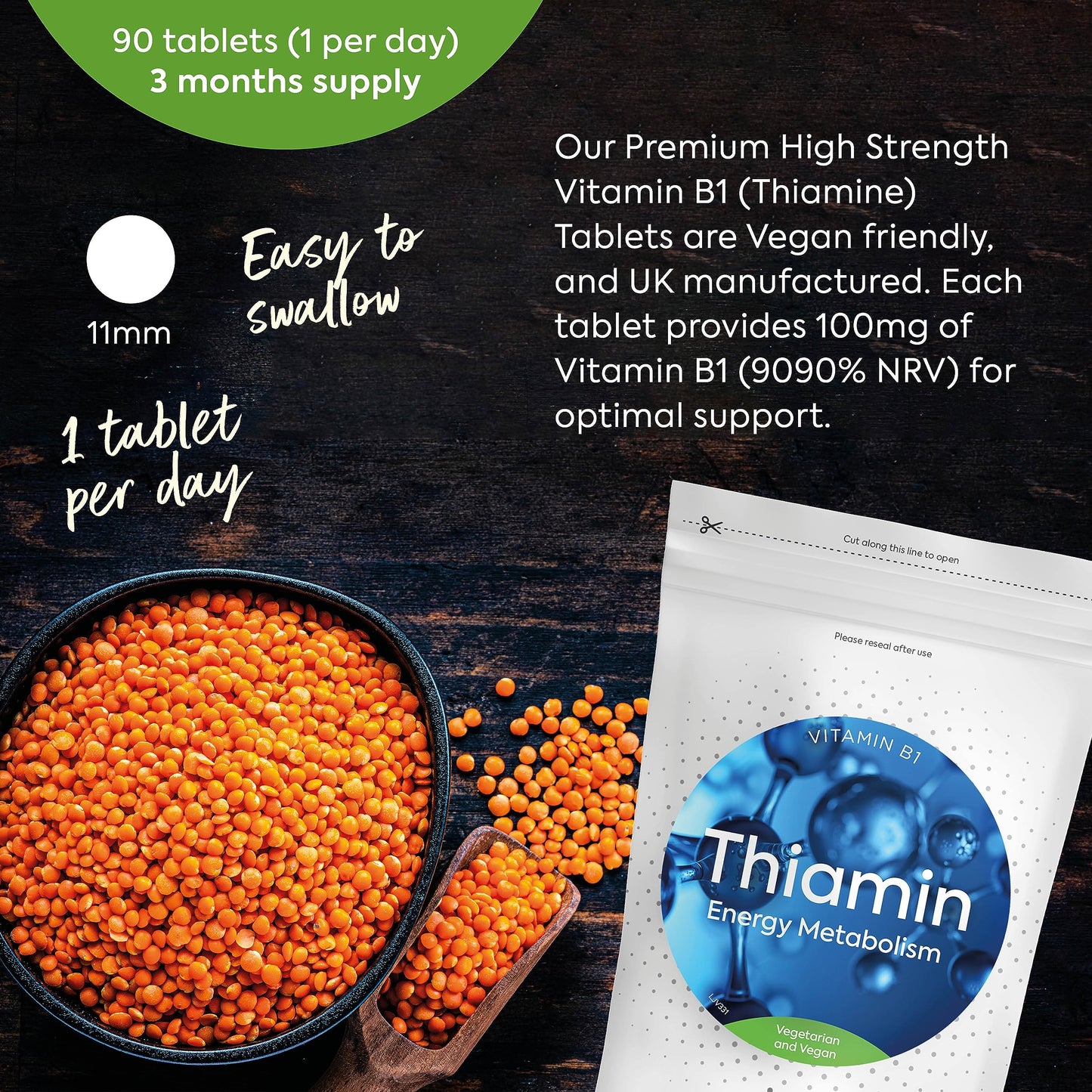 Just Vitamins Vitamin B1 Thiamine 100mg x90 Premium High Strength B1 Micro Tablets (3-Month Supply) - Vegan & Vegetarian Friendly - Supports Energy Metabolism & Heart Function for Men & Women. UK Made