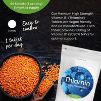 Just Vitamins Vitamin B1 Thiamine 100mg x90 Premium High Strength B1 Micro Tablets (3-Month Supply) - Vegan & Vegetarian Friendly - Supports Energy Metabolism & Heart Function for Men & Women. UK Made