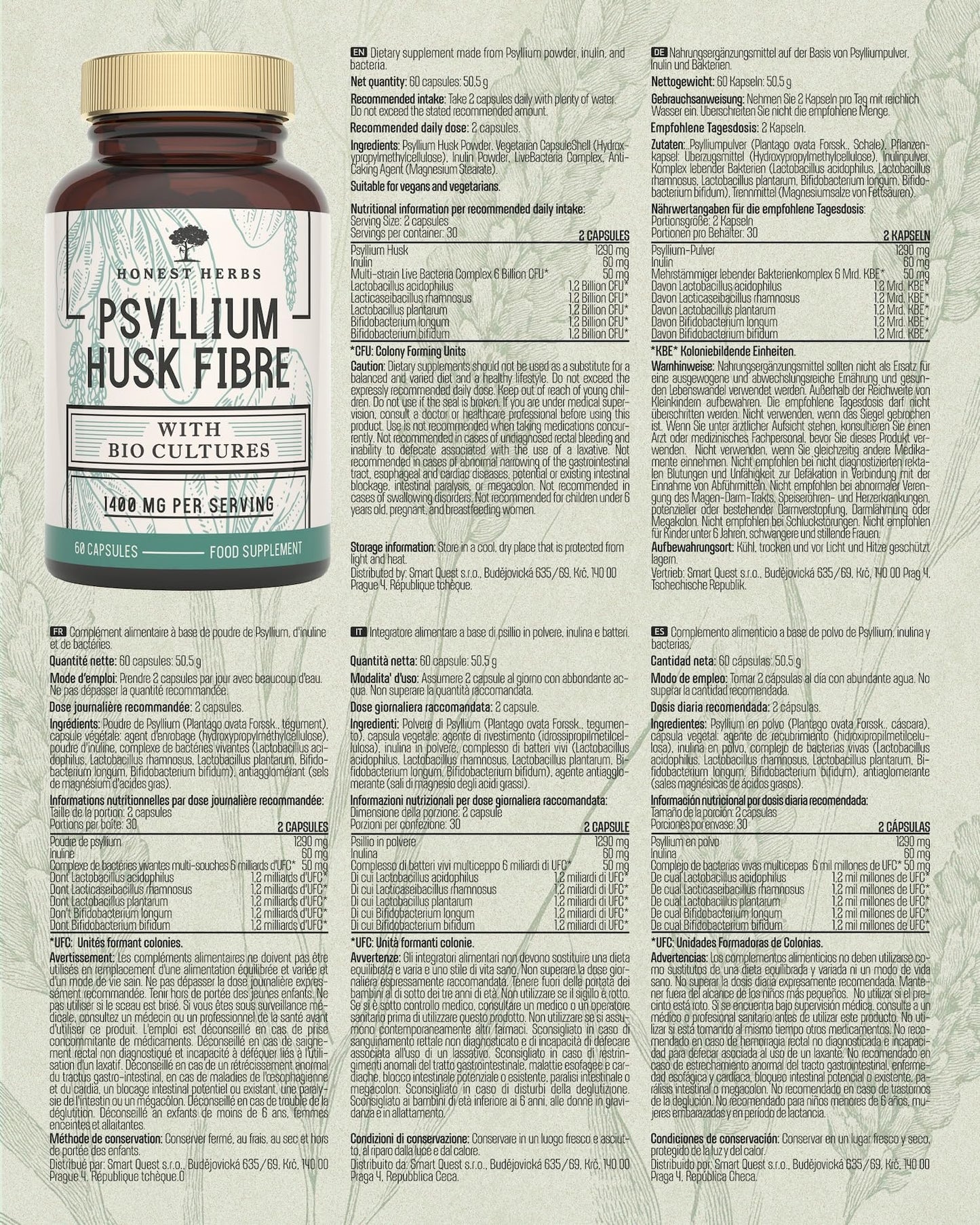 Honest Herbs Psyllium Husk Capsules with Probiotics - Fibre Supplement Complex 1400mg - 60 Capsules - 6 Billion Probiotics 5 Strains