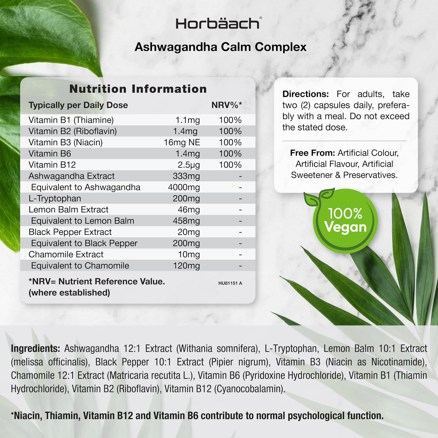 Horbäach Ashwagandha Capsules 5000mg | Calm Complex with High Strength B Vitamins (B1, B2, B3, B6 & B12) and Amino Acids | Formula for Men & Women | 60 Vegan Capsules | by Horbaach