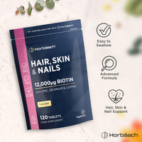 Horbäach Hair Skin and Nails Vitamins | Biotin Hair Growth | 12,000mcg Biotin with Zinc, Selenium, Copper & More! | Beauty Supplement for Women and Men | 120 Vegetarian Tablets | by Horbaach